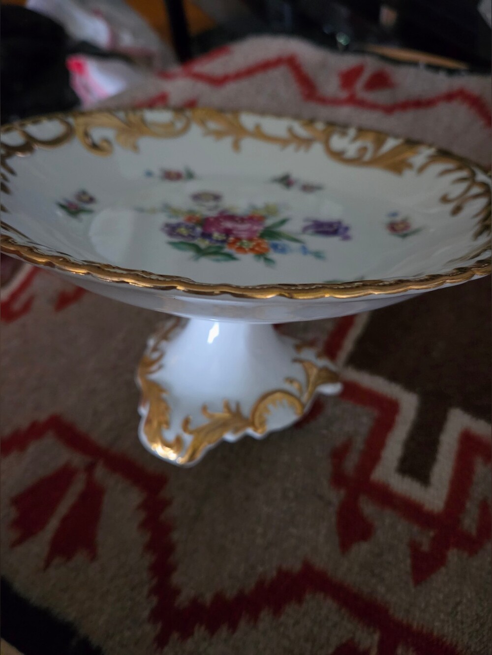 Vintage Porcelain Hand Painted Gold Floral Cake Stand Pedestal